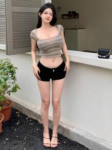 DAZY 女士撞色露脐短袖针织上衣可爱上衣 - 灰色 - 查看 2