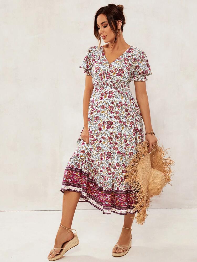 Maternity Romantic V-Neck Short Sleeve Elegant Mid-Length Dress