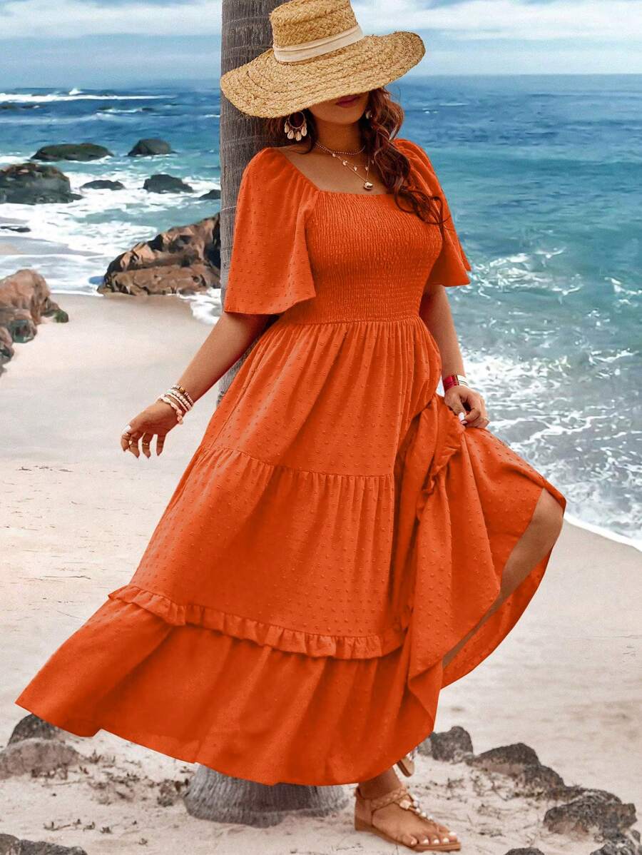 Breezaya Plus Size Women Seaside Vacation Square Neck Ruffle Short-Sleeve Textured Cutout Long Dress