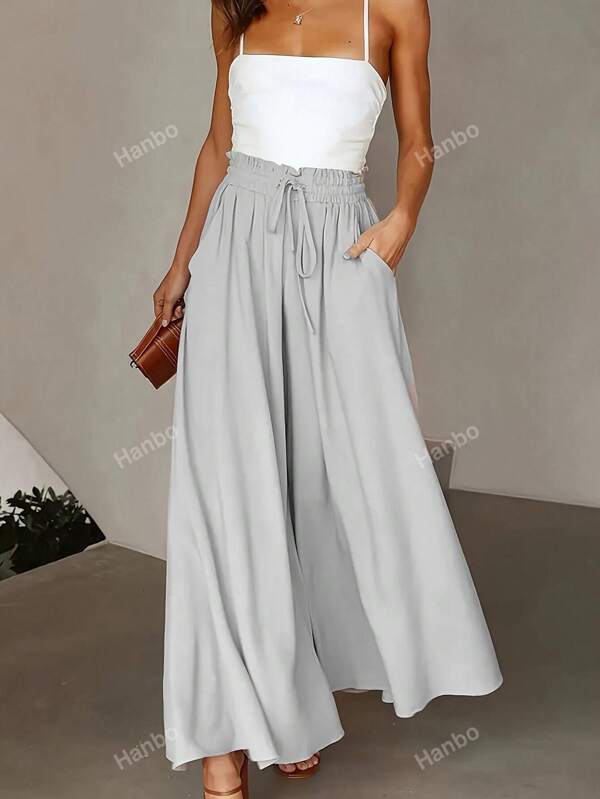 Culotte de pierna ancha con volantes, cintura con lazo y bolsillos para mujer talla grande