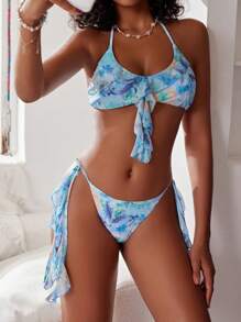 SHEIN Swim Women Tie-Dye Splicing Ruffle Trim Halter Strap Simple And Fashionable Bikini Set Two-Piece Bikini Set For Holiday Summer Beach