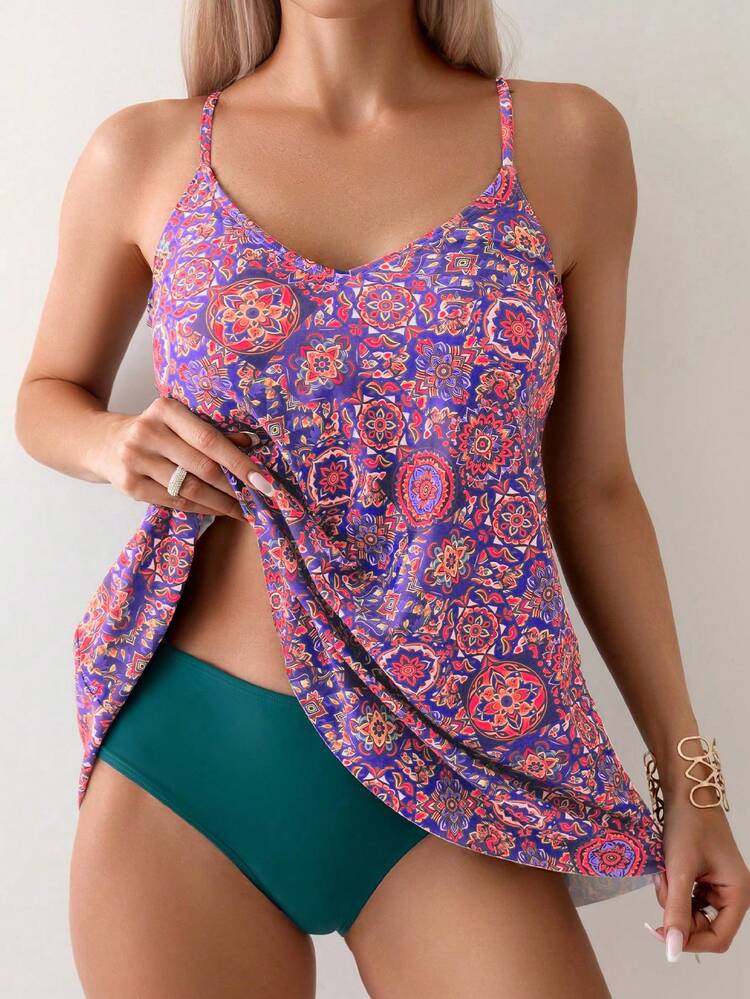 Women Summer Beach Vintage Printed Swim Dress & Swim Bottom
