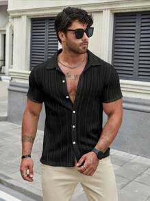 Áo sơ mi nam tay ngắn màu trơn, mặc thường ngày, xuân/hè - màu đen - Xem 6