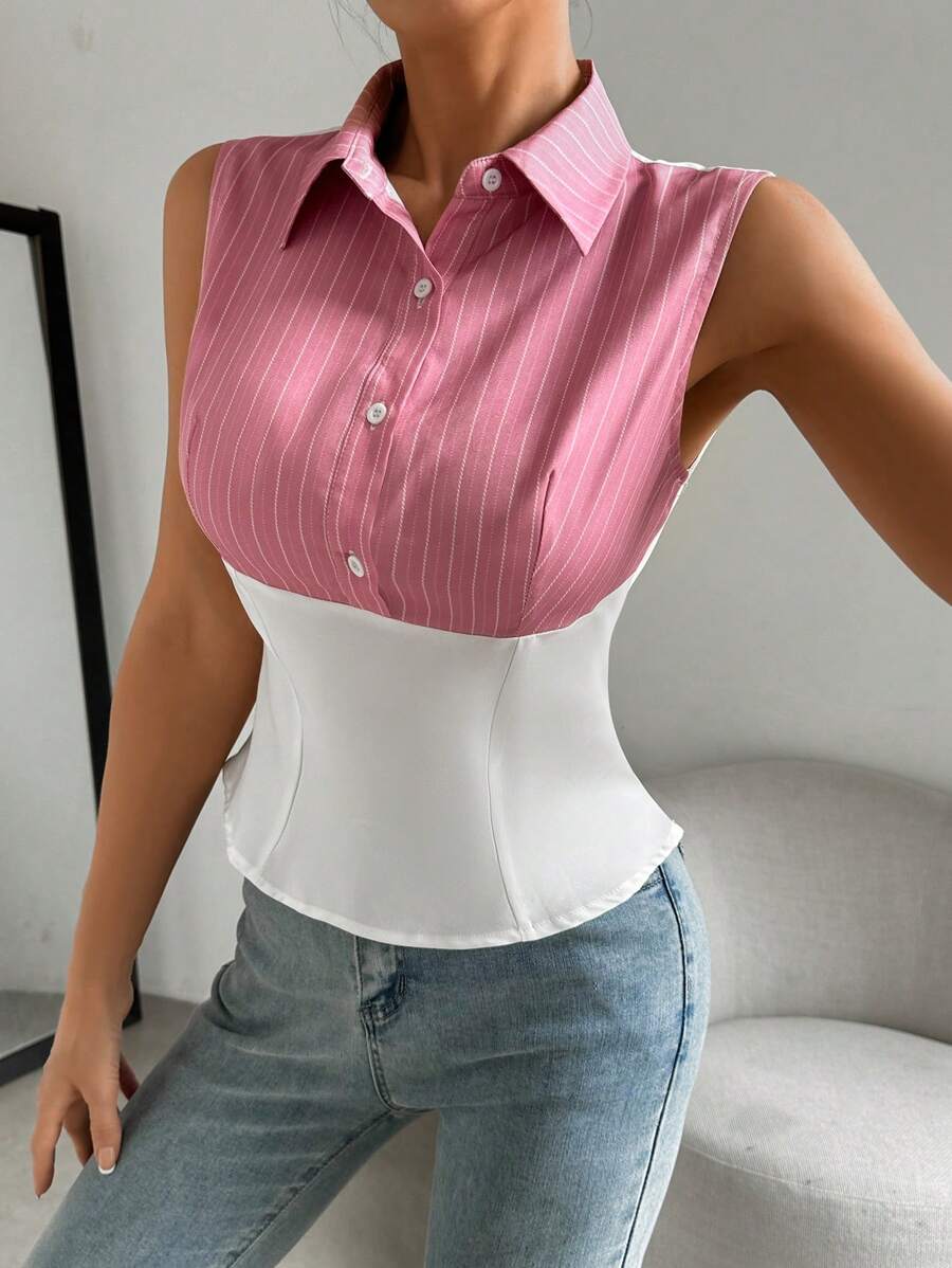 Flirla Women Summer Casual Color Block Striped Patchwork Waist-Tied Sleeveless Blouse