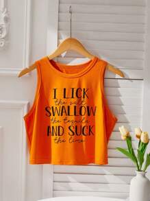 Comfortcana Plus Size Slogan In hình mùa hè Áo ba lỗ không tay bó sát có đường viền cổ tròn, TÔI Liếm muối Nuốt rượu Tequila VÀ HÚT chanh - trái cam - Xem 10