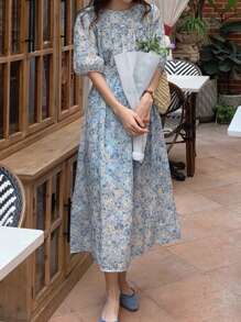 DAZY 女士時尚優雅而甜美的花卉印花裙 - 藍色 - 查看 8