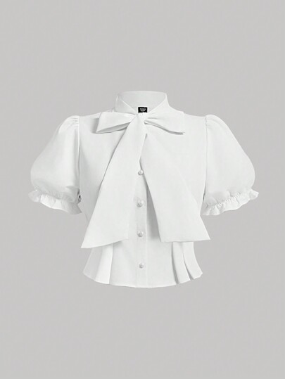 SHEIN MOD Plus Size White Bowknot Neckline Shirt With Pearl Buttons Detail And Puff Sleeves Design