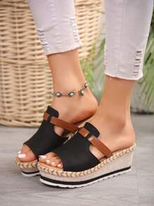 Summer New One-Piece Open Toe Fashion Women Wedge Thick-Soled Slippers - Black - View 6
