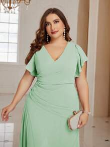 SHEIN Belle Ngực chéo, eo xếp ly, viền xẻ tà, voan, váy phù dâu cỡ lớn - Màu xanh Bạc hà - Xem 7