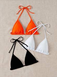 SHEIN Swim Summer Beach Solid Color Halter Back Tie Bikini Top - Black - View 1