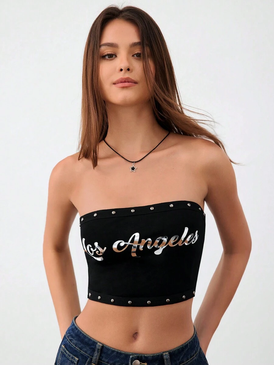 Forever 21 Women Letter Print Beaded Decor Slim Fit Cropped Bustier Top For Summer - Black - View 1