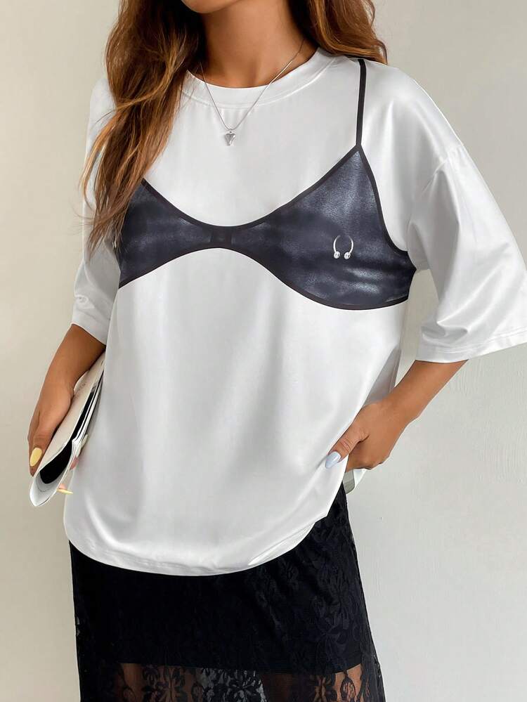 Women Loose Fit Short Sleeve Summer Casual T-Shirt With Human Body Print And Round Neck