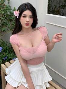 DAZY 女士夏季後結綁身修身短袖針織上衣