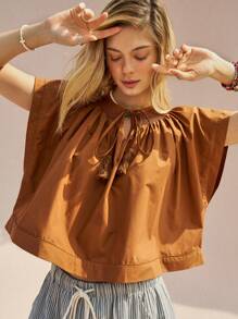 Bohemela Casual Ladies Shirred Detail Tie Neck Shirt - Brown - View 1