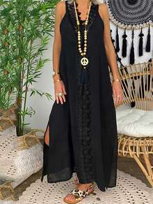 SHEIN Holidaya 女性鬆身款長款蕾絲拼接無袖連衣裙 - 黑色 - 查看 7