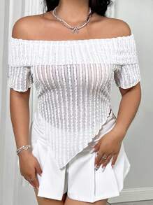 SHEIN ICON Plus Size Summer Solid Color Off Shoulder Texture Asymmetrical Hem Short Sleeve T-Shirt