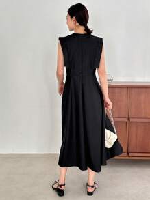 FRIFUL Women Summer Solid Color Round Neck Batwing Sleeves Long Casual Simple Dress Sundress