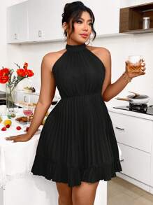 Elenzga Vestido de verano con cuello halter y plisado en talla grande, unicolor - Negro - Ver 5