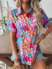 Breezaya Spring/Summer Print Turn-Down Collar Short Sleeve Split Hem Vacation Casual Shirt - Multicolor - View 6