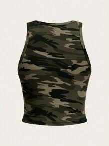 SHEIN EZwear 休闲简约橄榄绿迷彩印花圆领修身夏季女式背心