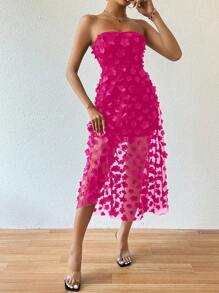 Chiquease 無肩帶3D花瓣夏日度假風格連身裙 - 玫紅色 - 查看 7