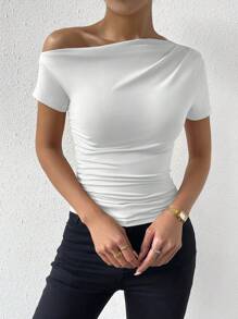 EMERY ROSE Women's Fashion Solid Color Asymmetrical Neck Short Sleeve T-Shirt - White - View 5