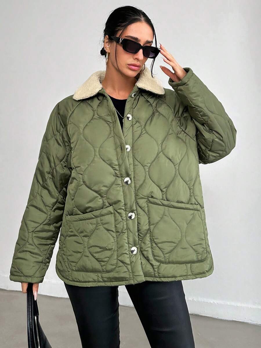 EURMUSE Essnce Slant Pocket  Puffer Oversized Winter Coat - Green - View 1