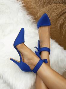 Zapatos de tacón alto azul para mujer, personalizados con detalles de lazo, diseño de correa de tobillo y punta puntiaguda - Azul - Ver 6