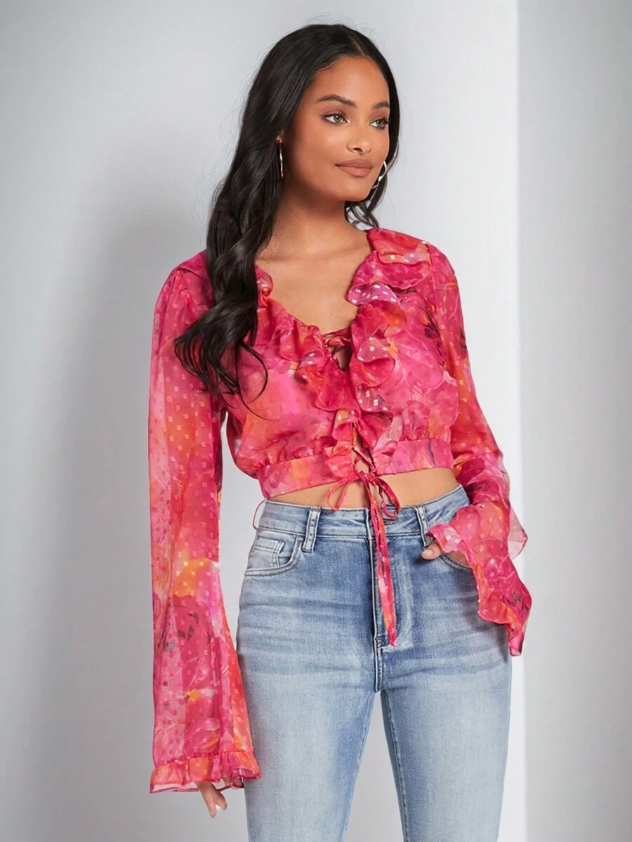 Forever 21 Của phụ nữ In hoa Vá lại Áo sơ mi Với Xù Hoa Sen Và Chuông - Nhiều màu - Xem 1