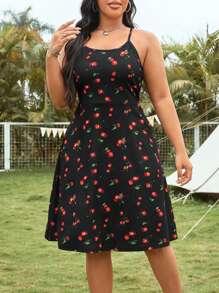 CovetEZ Plus Size Vacation Style Full Cherry Blossom Print Spaghetti Strap Dress For Summer - Black - View 5