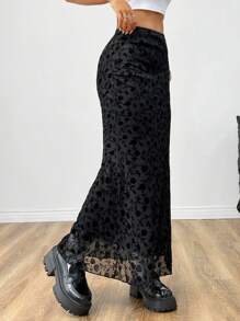 SHEIN EZwear 女士花卉印花網紗高低A字裙 - 黑色 - 查看 5