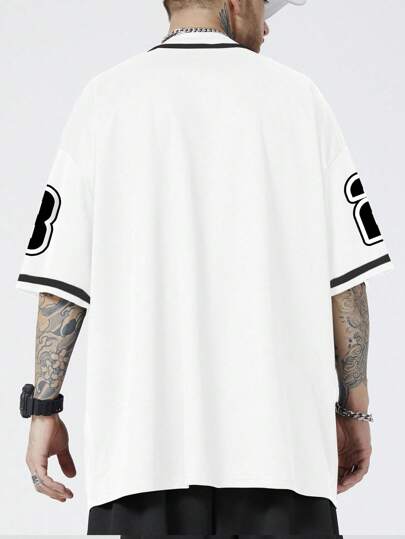 Prep Men's Casual Letter-Number Printed Short Sleeve Baseball Shirt For Summer, School, For Tennis