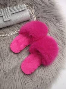 Damskie, wygodne, antypoślizgowe, płaskie kapcie z odkrytymi palcami, idealne na jesień i zimę, eleganckie, ciche, można je nosić na zewnątrz, puszyste, wygodne kapcie w jednolitym kolorze, strój świąteczny - Wyrazisty róż - Zobacz 3