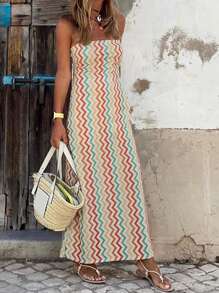 SHEIN LUNE Women Fashionable Strapless Back Tie Summer Dress - Multicolor - View 3