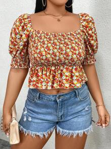 Flirla Plus Size Tiny Floral Printed Square Neckline Ruffled Hem Short Sleeve Blouse For Summer Vacation And Casual Wearing - Multicolor - View 1