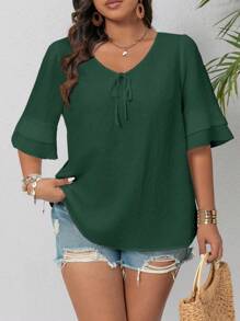 Calvaya Plus Size Cổ Chữ V Thắt Eo Ruffle Viền Áo Sơ Mi Xuân/Hè Thường Ngày Hàng Ngày - Màu xanh lá cây đậm - Xem 3