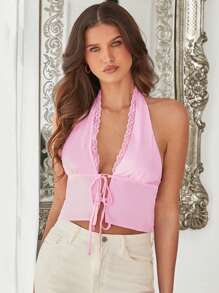 Forever 21 Pink Ribbon Splicing Lace Stylish Halter Neck Tank Top - Pink - View 1