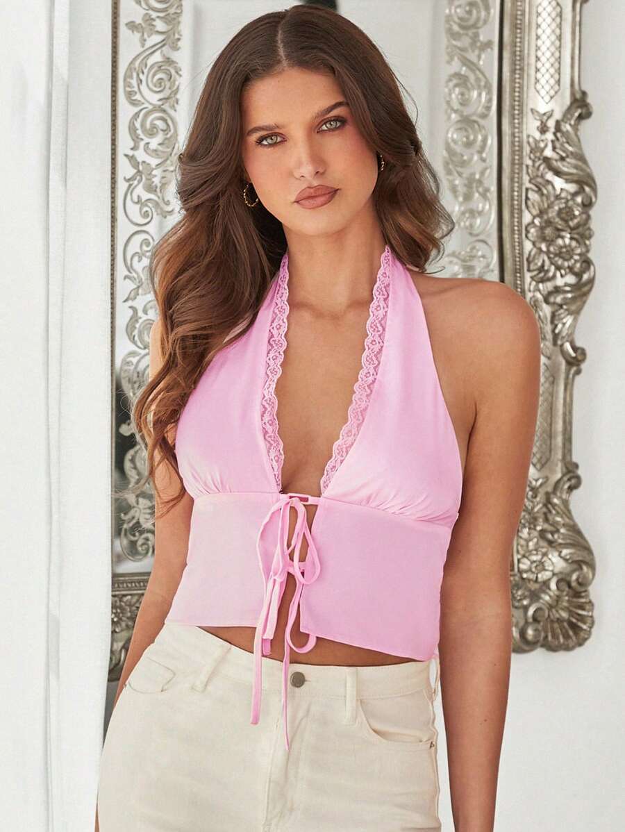 Forever 21 Pink Ribbon Splicing Lace Stylish Halter Neck Tank Top - Pink - View 1