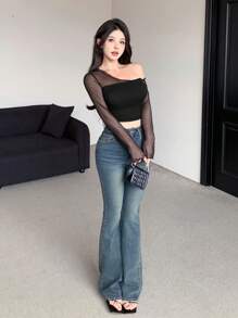 Dazy Designer Women Spring/Summer Casual Solid Color Mesh Splicing Short Top With Asymmetric Neckline And Slim Fit Going Out Tops Sheer Long Sleeve Women Tops