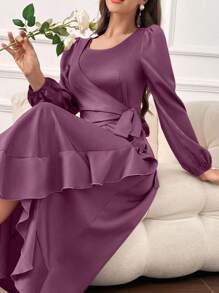 Modelyn Vestido de mujer con vuelos en el borde de manga larga en unicolor de moda - Morado - Ver 1