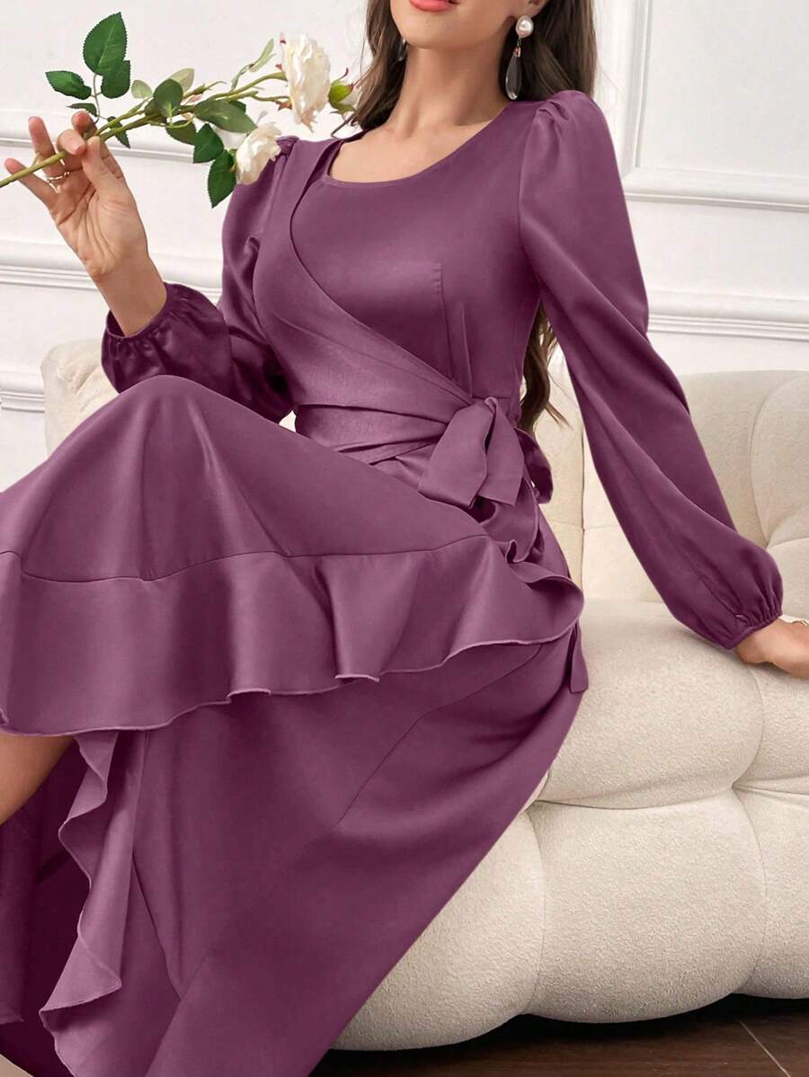 Modelyn Vestido de mujer con vuelos en el borde de manga larga en unicolor de moda - Morado - Ver 1