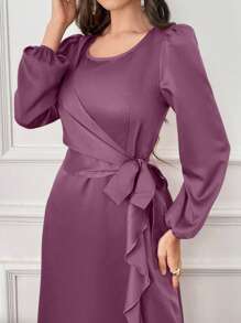 Modelyn Vestido de mujer con vuelos en el borde de manga larga en unicolor de moda - Morado - Ver 6