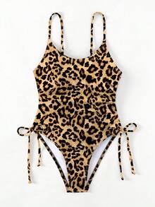 SHEIN Swim 女士豹紋圓領單件泳衣,側邊帶束拉繩設計,修身顯瘦,適用於夏季、海灘、假期、旅行、節日、游泳池、衝浪等場合 - 白色 - 查看 3