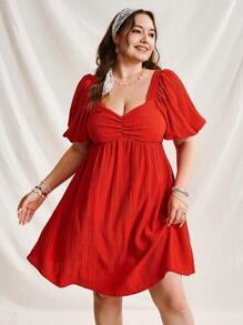 Sunnyshic Plus Holiday V-Neck Bubble Sleeve A-Line Dress - Red - View 3