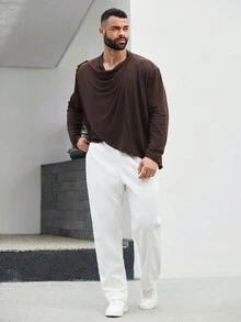 Manfinity Homme Men\ Plus Size Solid Color Wrap Asymmetric Hem Long Sleeve Casual Shirt - Coffee Brown - View 5