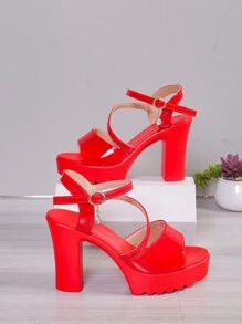 Nuevas sandalias de tacón alto para mujer, sandalias de plataforma impermeables rojas de tacón grueso con hebilla de correa de tobillo para el verano - Rojo - Ver 4
