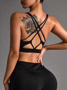 Slayform Slayform Ladies" Solid Color Criss-Cross Back Sports Bra With Cutout - Black - View 4