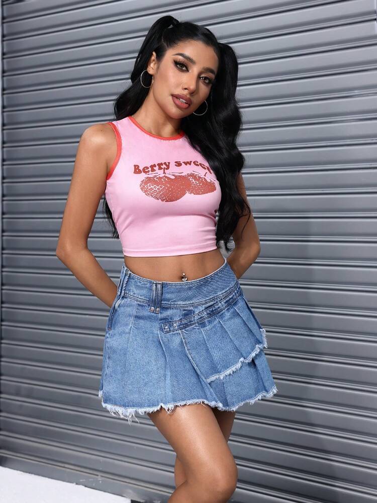 Women Frayed Pleated Street Style Summer Short Denim Skirt
