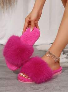 Damskie, wygodne, antypoślizgowe, płaskie kapcie z odkrytymi palcami, idealne na jesień i zimę, eleganckie, ciche, można je nosić na zewnątrz, puszyste, wygodne kapcie w jednolitym kolorze, strój świąteczny - Wyrazisty róż - Zobacz 2