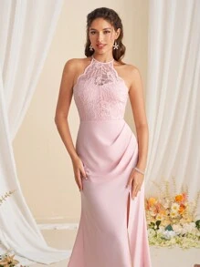 SHEIN Belle 女性優雅時尚露肩分裙伴娘禮服裙 - 藕粉色 - 查看 4